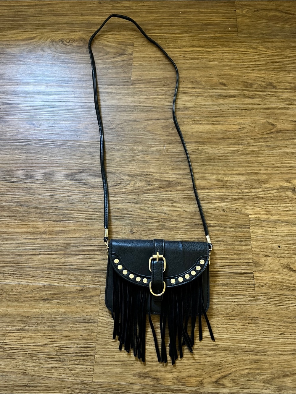 Western Boho Black Faux Leather Fringe Crossbody Bag Gold Stud Hardware - Small